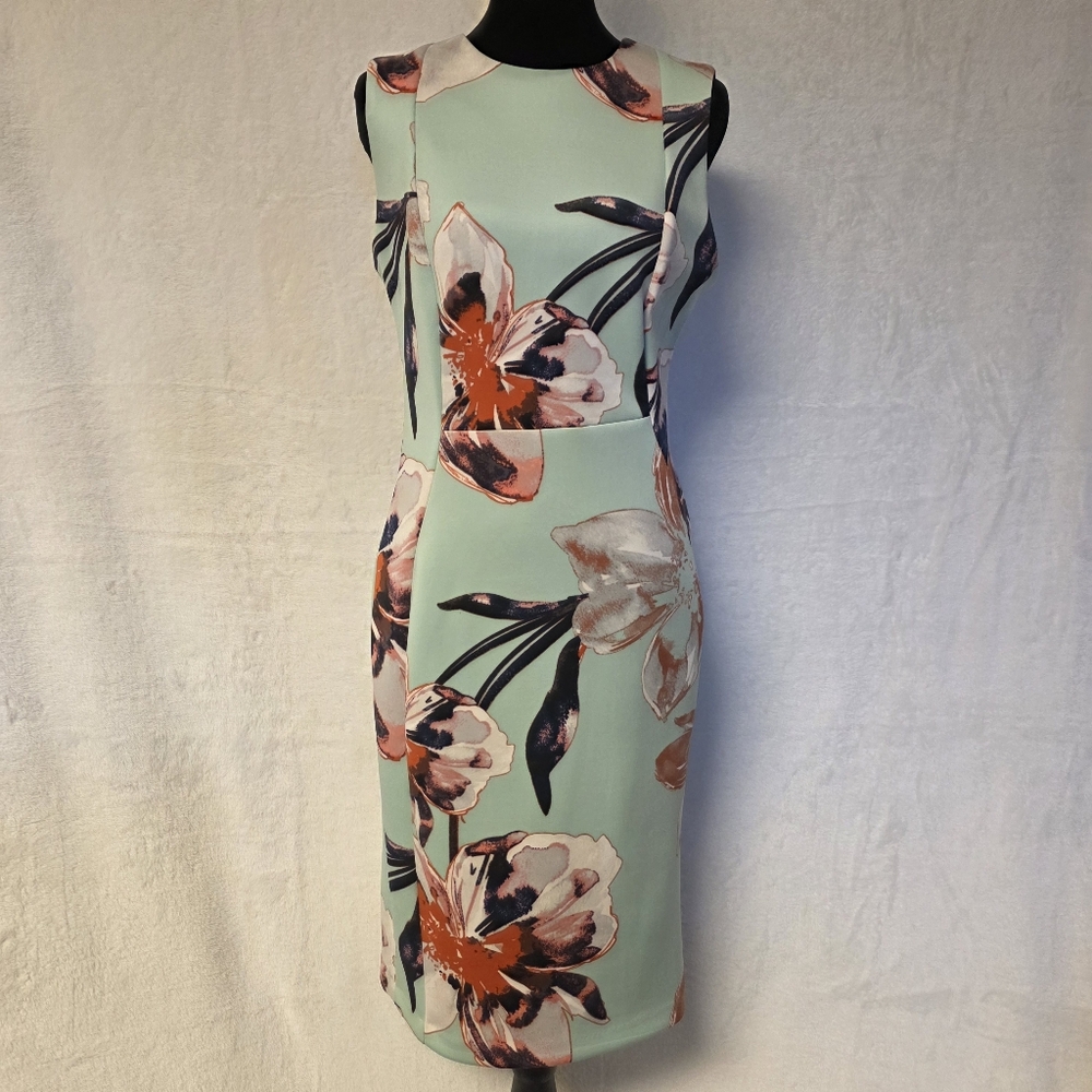 CK Sleeveless "Seaspray Multi" Colorway Scuba Floral Print Sheath Dress Size 6.